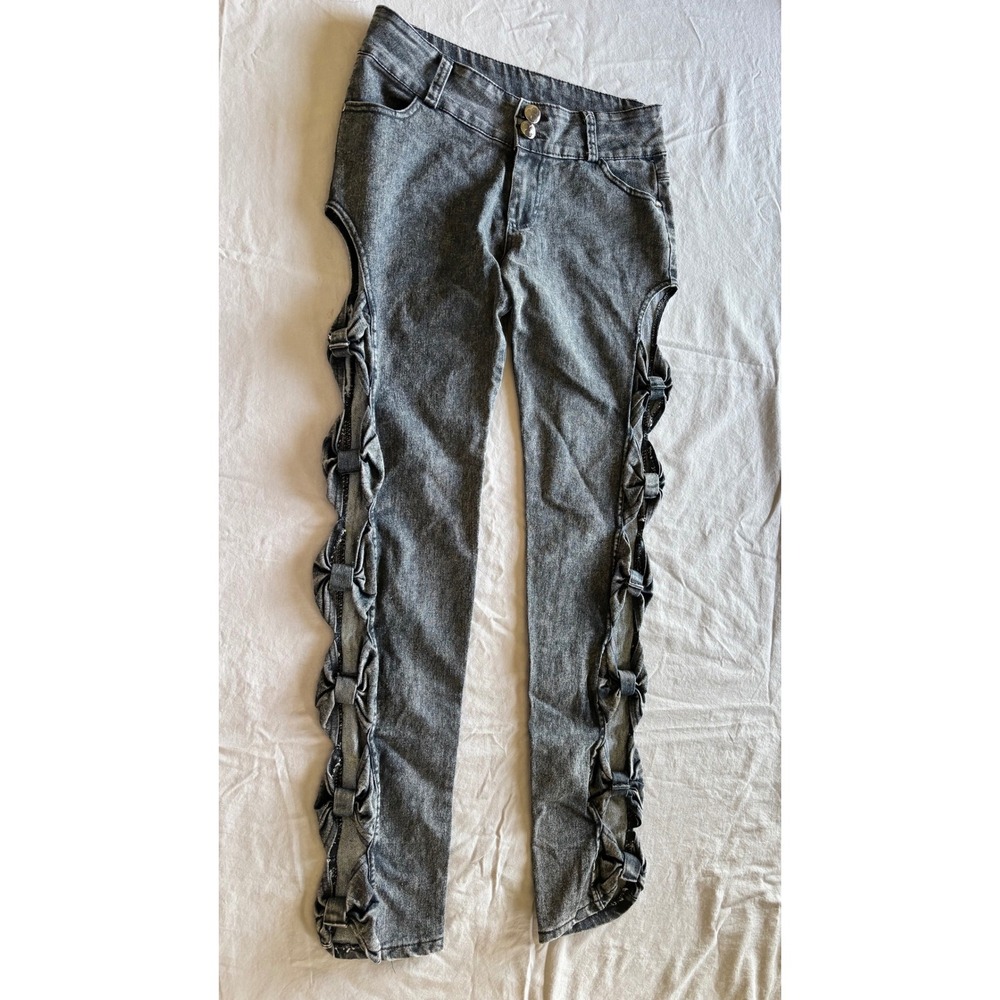 Grey Acid Wash Bow Cutout Side Skinny Jeans Double Button Denim Pants